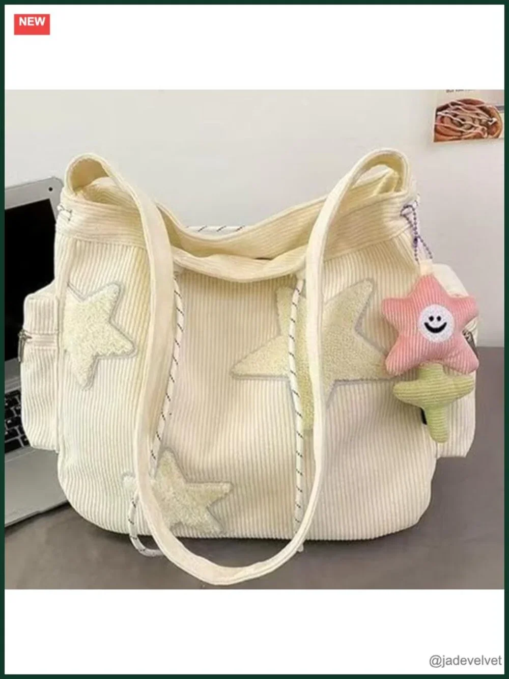 Corduroy Tote Bag with Star Design Crossbody Shoulder Messenger Work Tote Laptop
